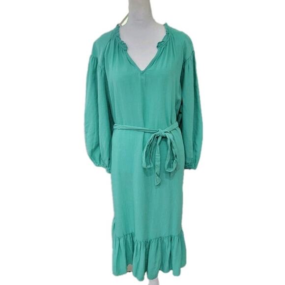 Knox Rose Knee Length Dress Women's Large Green Tie Waist Ruffles Pockets - NEW - Picture 1 of 12